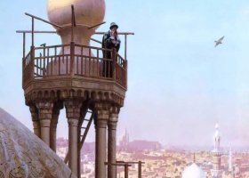 المؤذن وهو يدعو من أعلى المئذنة المؤمنين الى الصلاة المؤذن وهو يدعو من أعلى المئذنة المؤمنين الى الصلاة